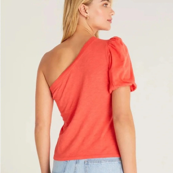 Z Supply One Shoulder Top in Orange Small Puff Sleeve Slub Cotton Soft Easter - Picture 4 of 12